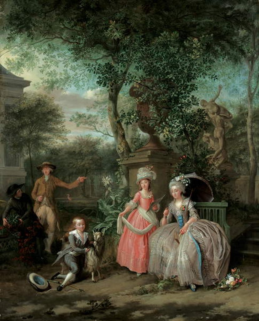 Detail of A group portrait of a family in an ornamental garden, 1791 by Nicolaas or Nicolaes Muys