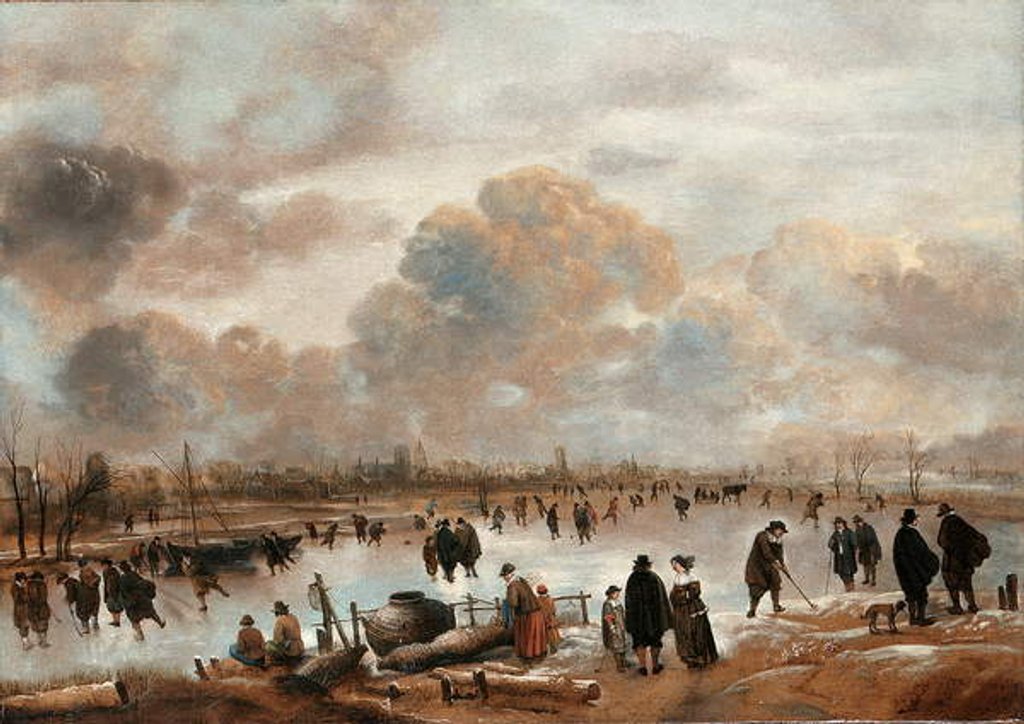 Detail of A Winter Landscape with Skaters and Townsfolk on a Frozen Waterway by Aert van der Neer
