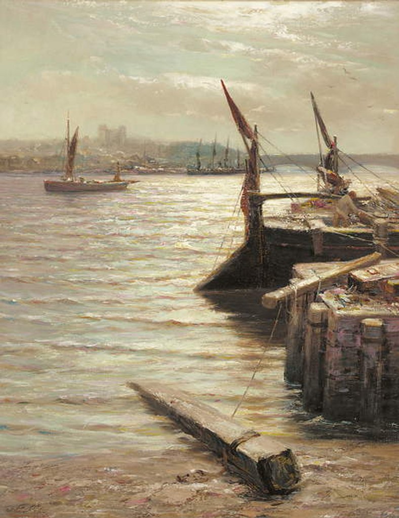 Detail of Barges moored by the riverbank by Colin Hunter