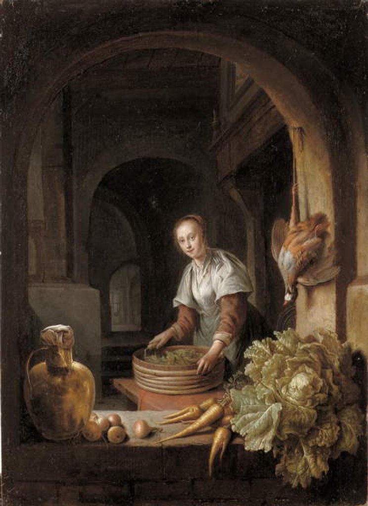 Detail of A maid preparing vegetables in a kitchen by Jan Adriansz van Staveren