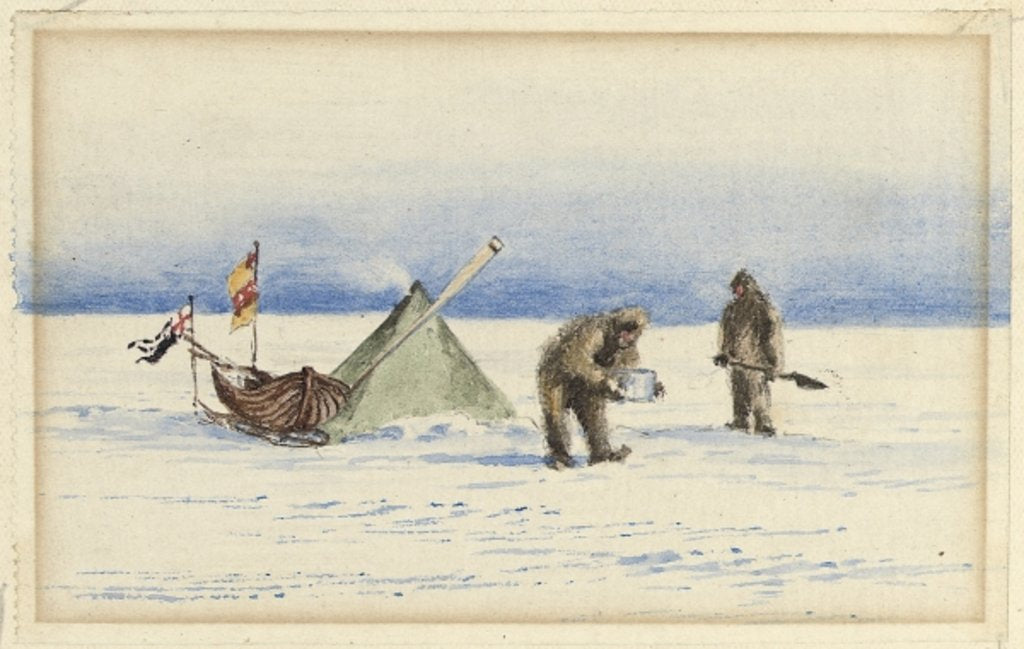 Detail of The sledge party to White Island, February 1902: Shackleton and Wilson making camp, 1902 by Edward Adrian Wilson