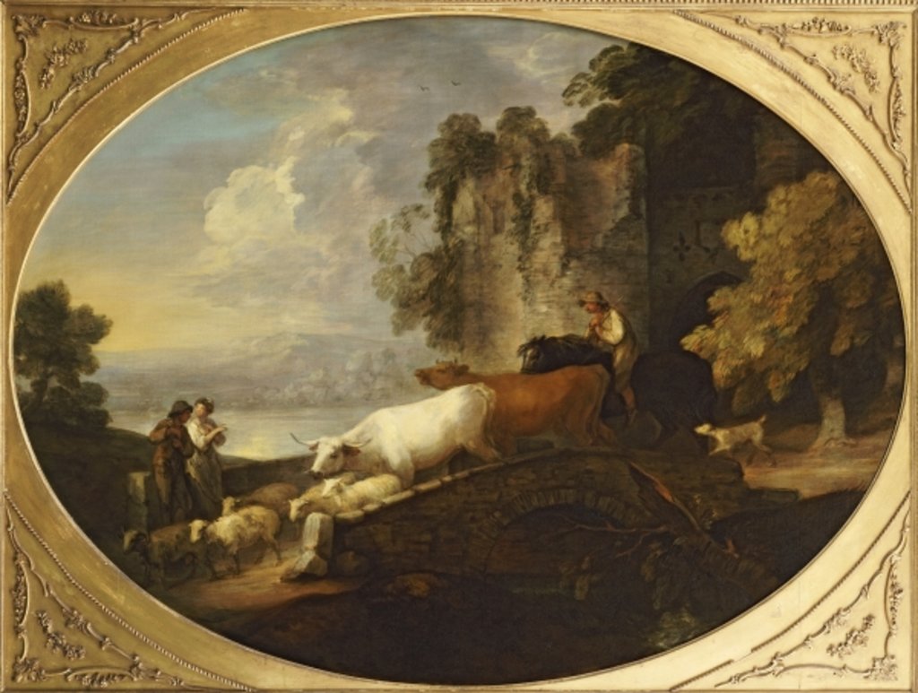 Detail of A River Landscape with Rustic Lovers, a Mounted Herdsman Driving Cattle and Sheep over a Bridge with a Ruined Castle Beyond by Thomas Gainsborough
