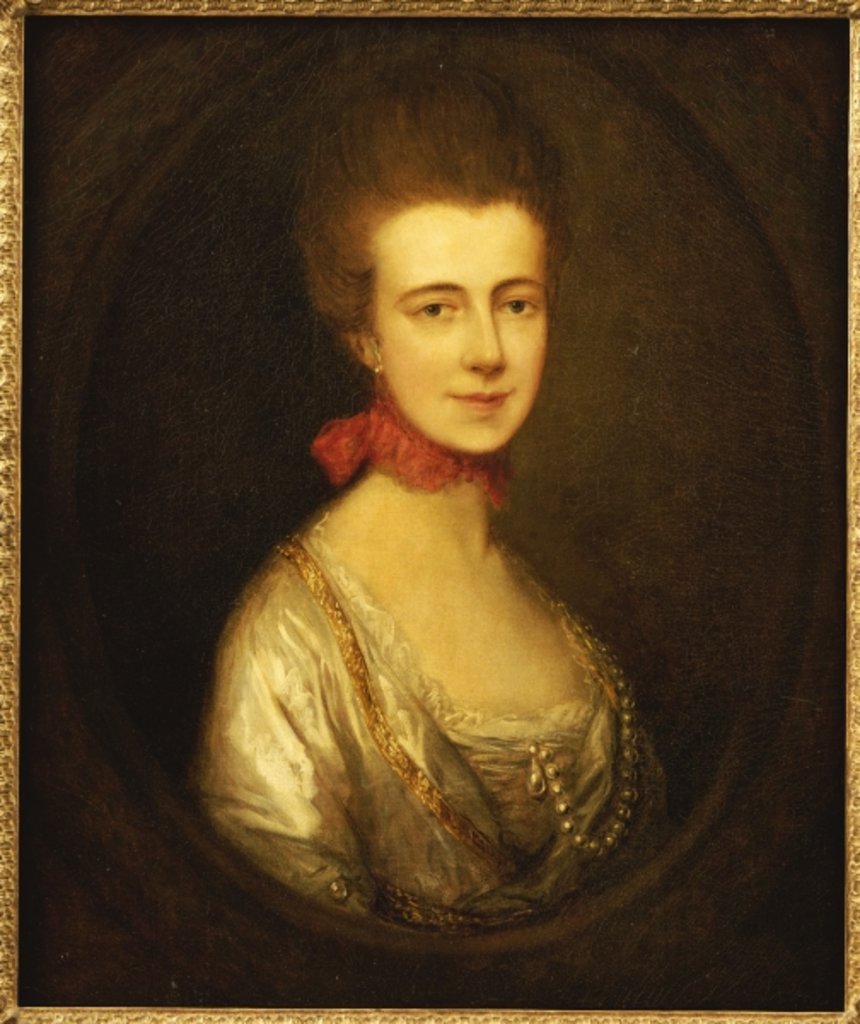 Detail of Portrait of Miss Boone, wearing a white dress with gold embroidery and pearl chain, a red ribbon around her neck by Thomas Gainsborough