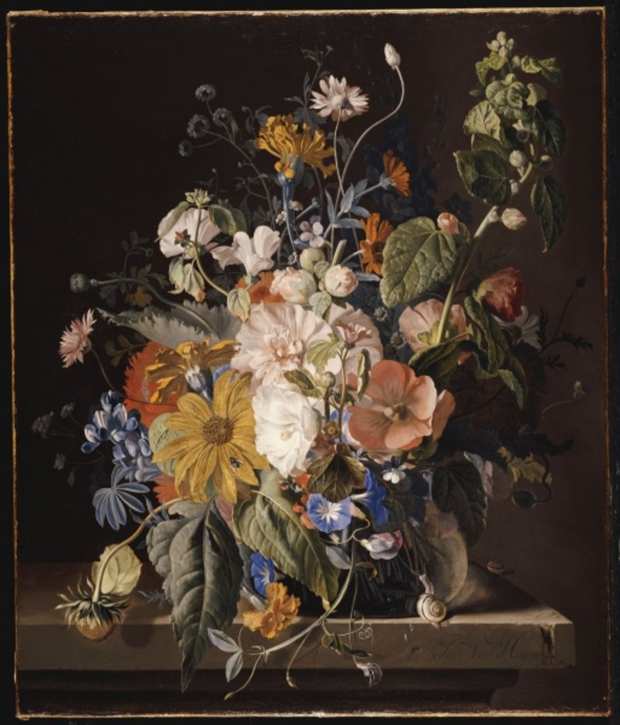 Detail of Poppies, Hollyhock, Morning Glory, Viola, Daisies, Sweet Pea, Marigolds and other Flowers in a Vase with a Snail on a Ledge by Jan van Huysum