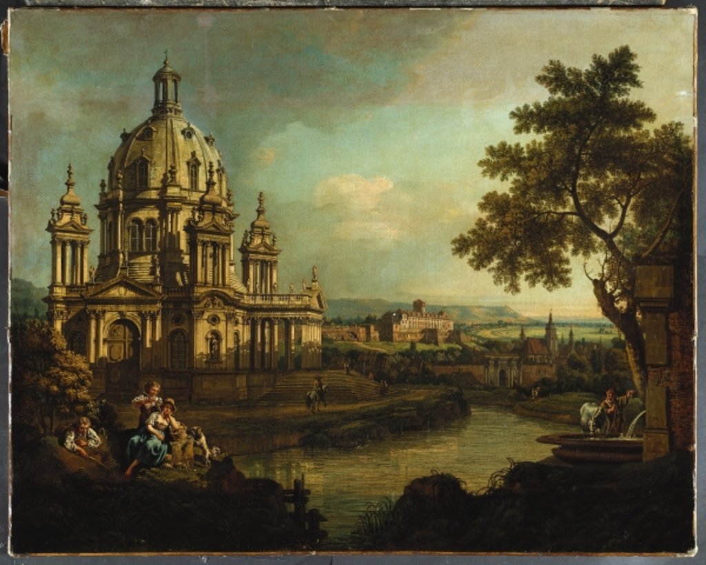 Detail of A capriccio with a domed church and buildings in Pirna, c.1765 by Bernardo Bellotto