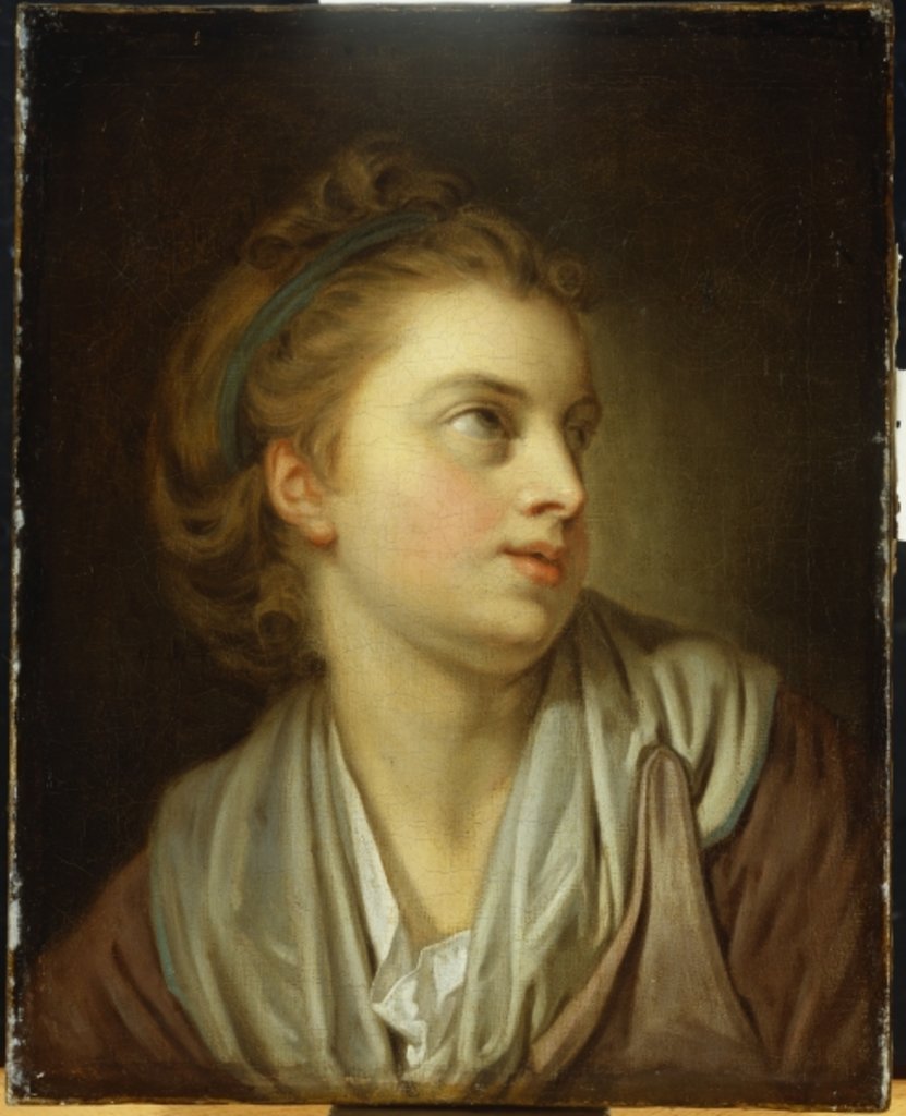A girl, bust length, with a green hairband, looking up by Jean Baptiste Greuze