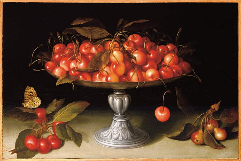 Detail of Cherries in a silver compote with crabapples on a stone ledge and a fritillary butterfly by Fede Galizia