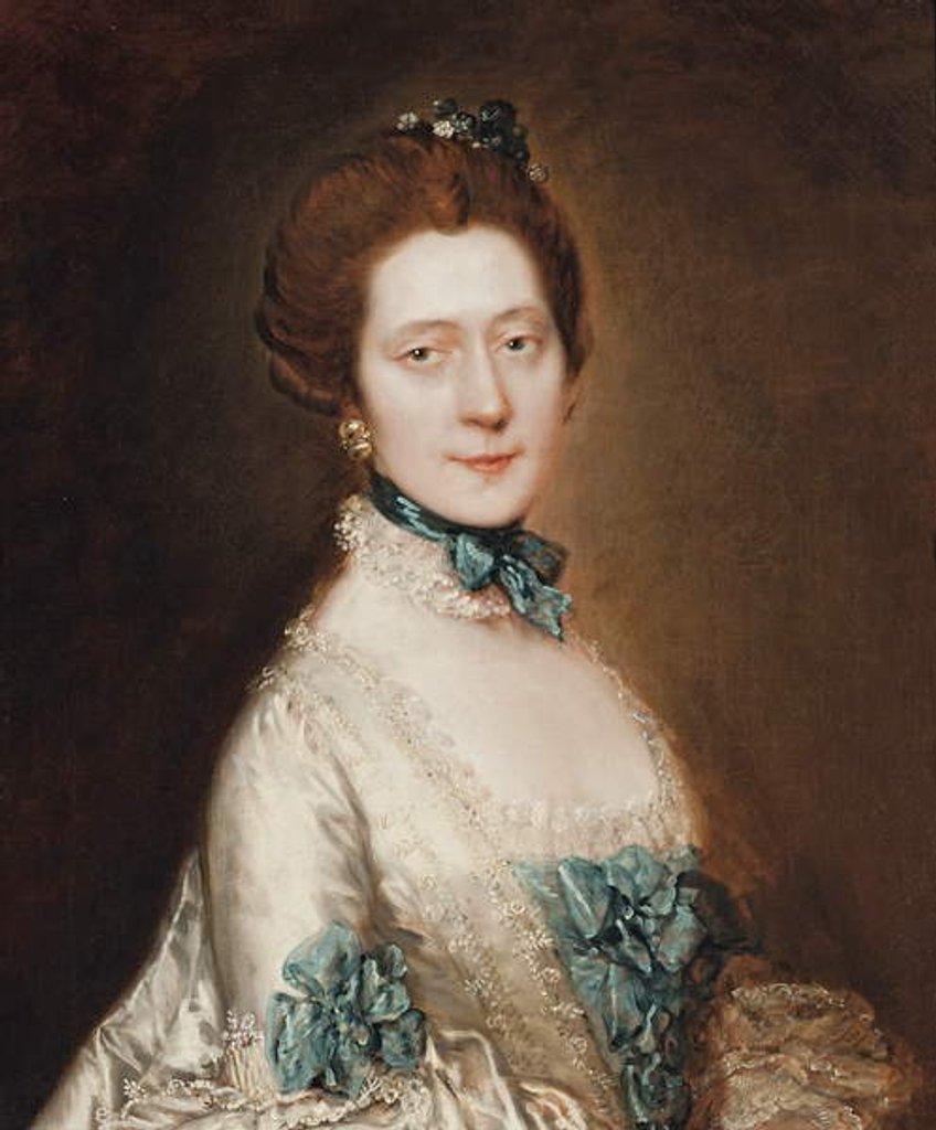 Detail of Portrait of Lady Anne Furye, née Greenly, half-length, in a white satin sack-back dress with blue echelles, wearing a blue ribbon and lace choker, with crystal earrings and pompom flowers in her hair by Thomas Gainsborough