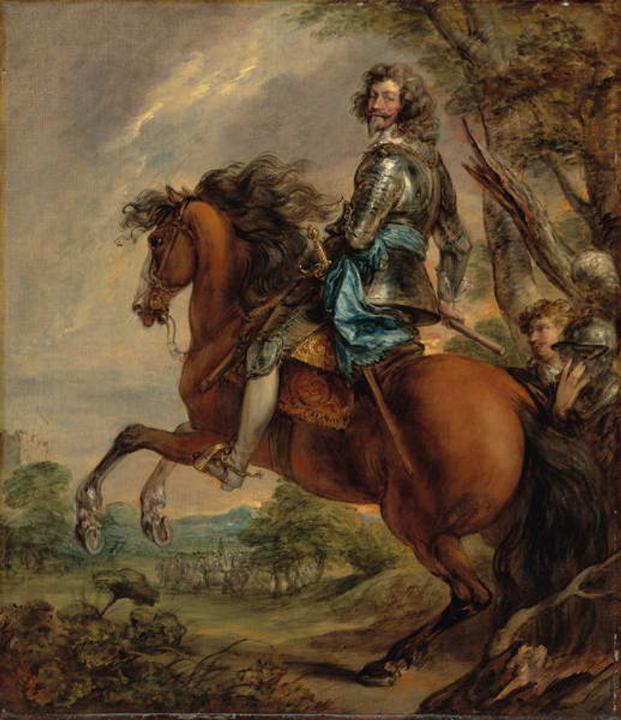 Detail of Equestrian portrait of Albert, duc d'Arenberg, prince of Barbonçon, in armour, with a blue sash, in a wooded landscape, a battlefield beyond, after Sir Anthony van Dyck by Thomas Gainsborough