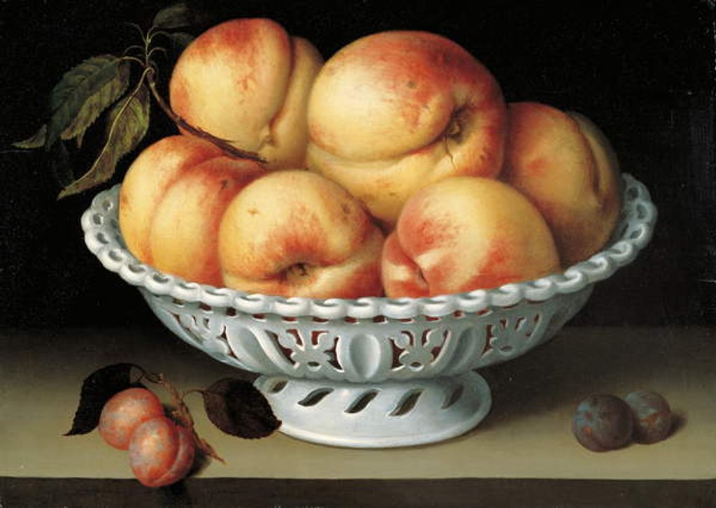 Detail of Peaches in a pierced white faience basket by Fede Galizia