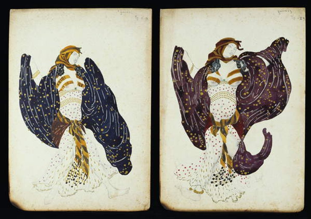 Detail of A pair of costume designs for female dancers from 'Juive' by Leon Bakst