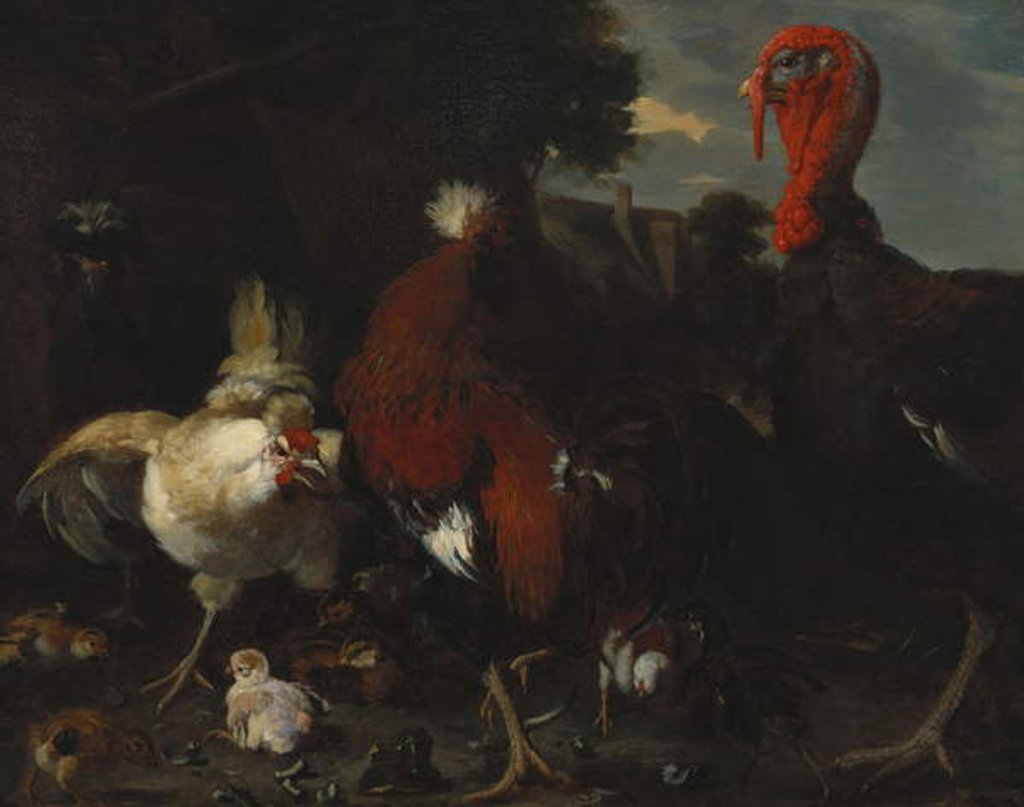 Detail of A Hen, Rooster and Turkey in a Farmyard by Melchior de (attr. to) Hondecoeter