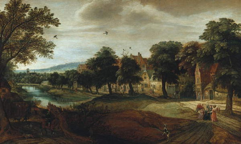 Detail of A wooded river landscape with village buildings and Abraham and the Three Angels by Adriaen van Stalbemt