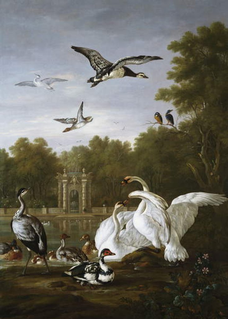 Detail of Swans, ducks and other birds in a park by Pieter Casteels