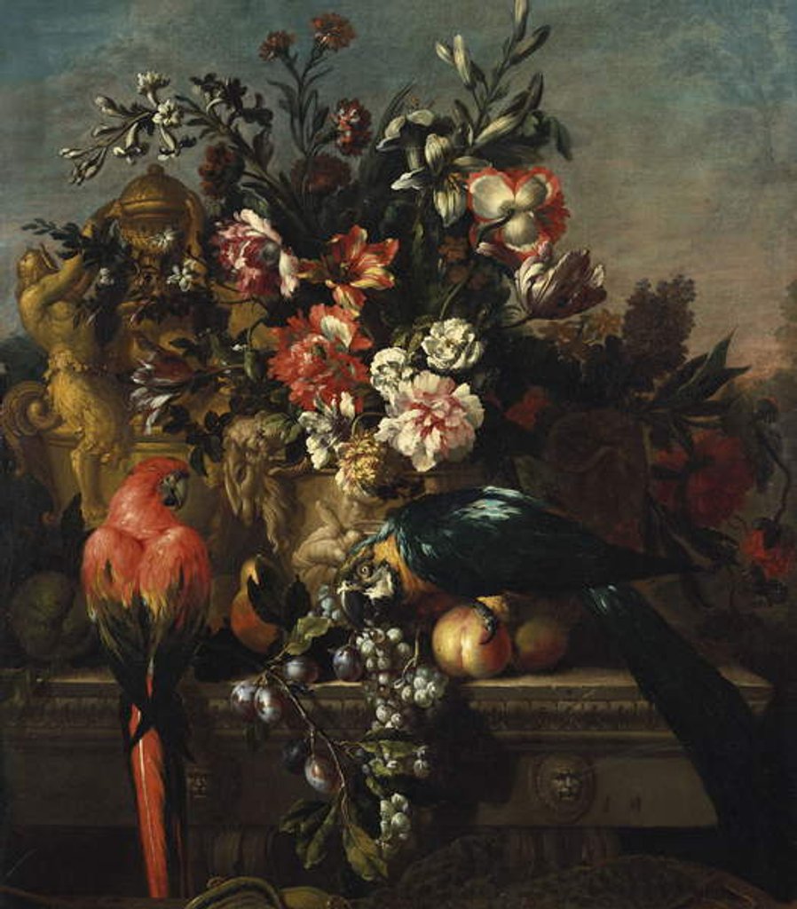 Detail of Carnations and other flowers with parrots on a pedestal by Pieter Casteels