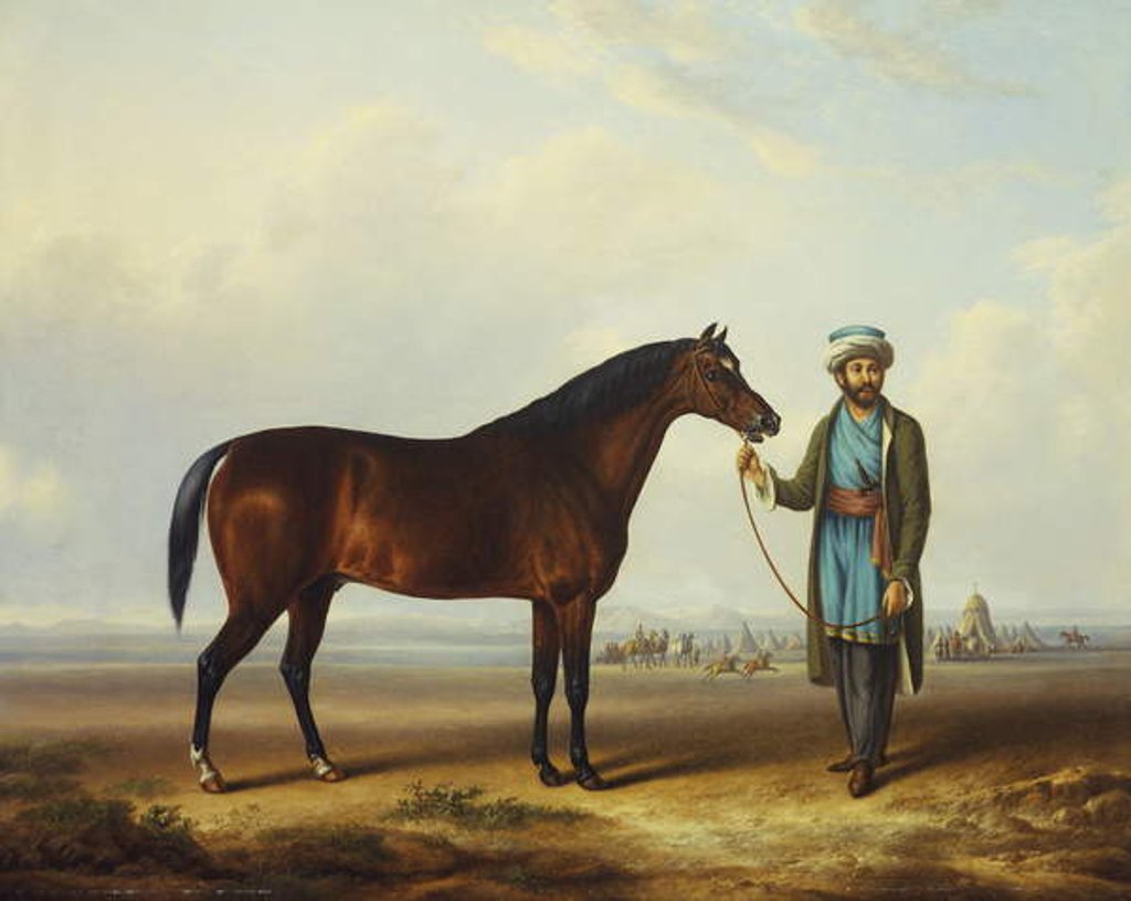 Detail of An Arab stallion held by a groom with an encampment beyond by Charles Towne