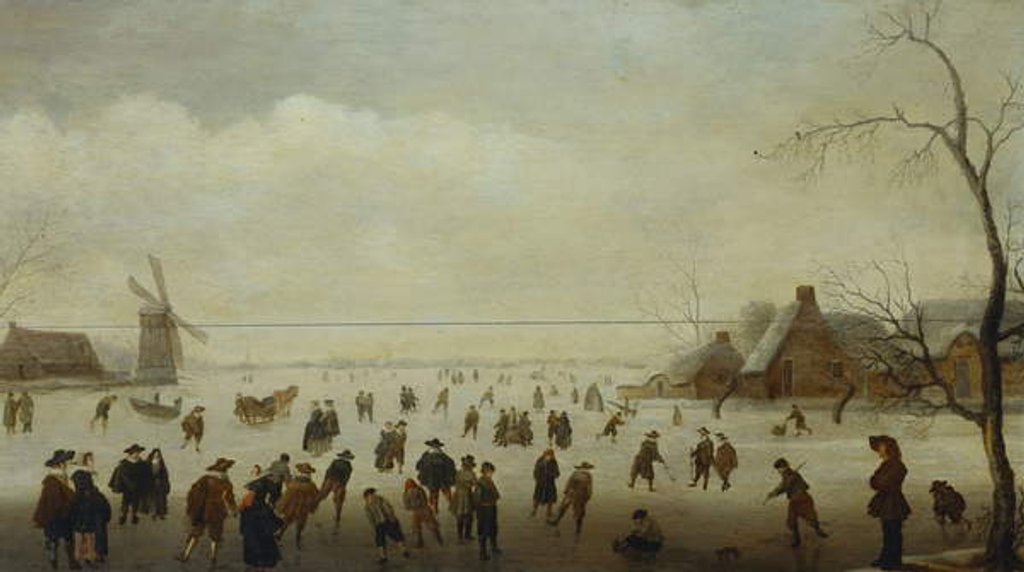 Detail of Winter landscape with numerous skaters, golf players and peasants on frozen waterways by Antoni Verstralen