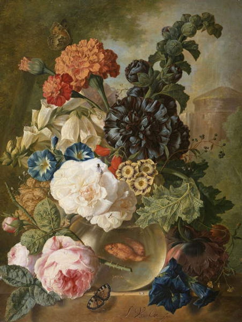 Detail of Roses, chrysanthemums, peonies and other flowers in a glass vase with goldfish on a stone ledge by Jan van Os