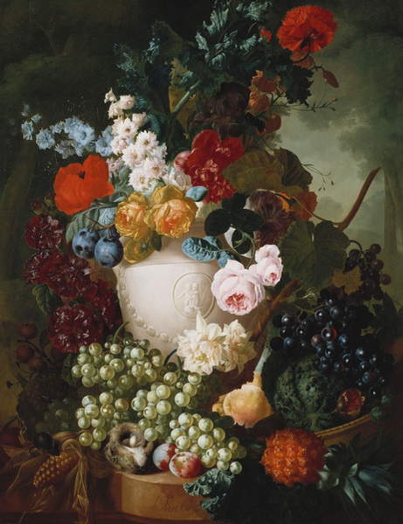 Detail of Roses, poppies and other flowers in a sculpted vase with fruit, a mouse and a bird's nest on a stone ledge by Jan van Os