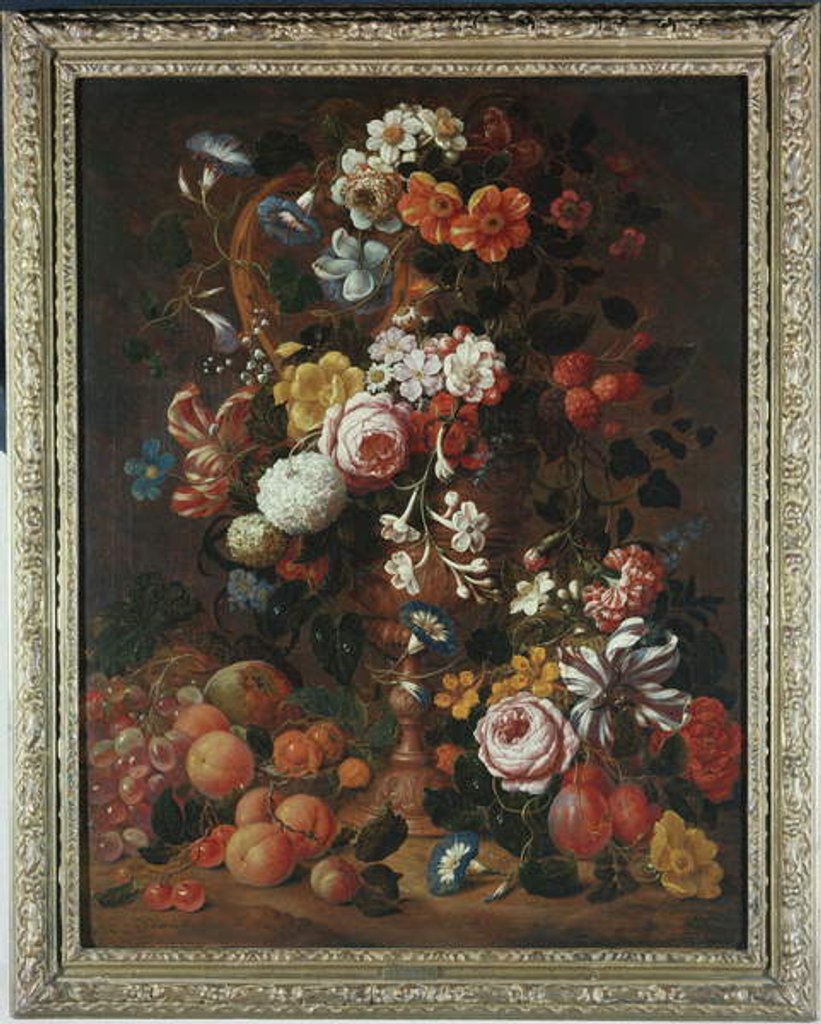 Detail of Roses, dahlias, convolvulus, a tulip and other flowers, in a sculpted urn, with grapes, plums and peaches nearby by Nicholaes van Verendael