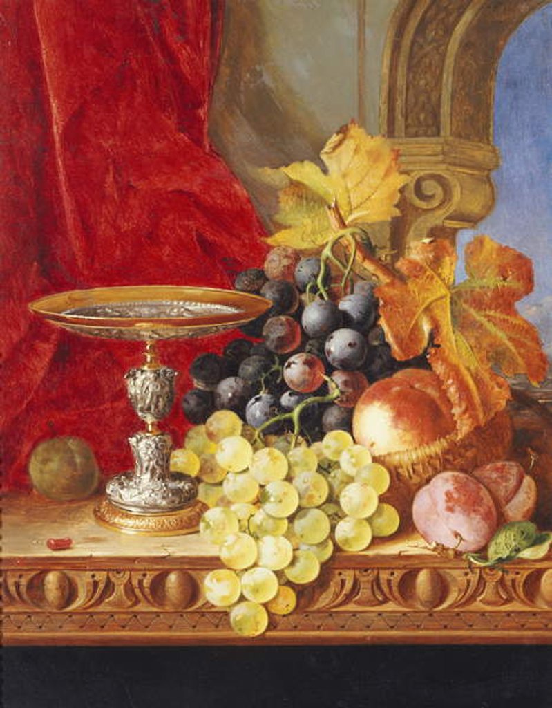 Detail of Grapes and a peach with a tazza on a table at a window by Edward Ladell