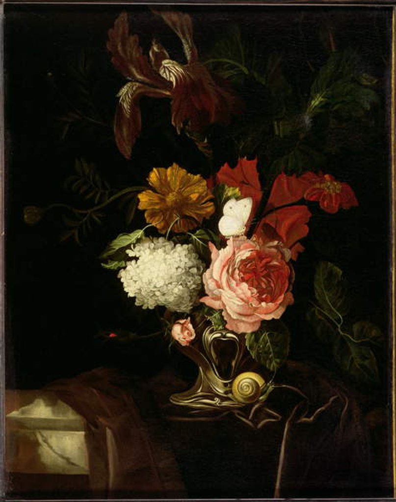 Detail of A Rose, and Iris, Lilac and other Flowers in an Auricular Silver Vase with a Snail and a Butterfly on a draped Ledge by Willem van Aelst