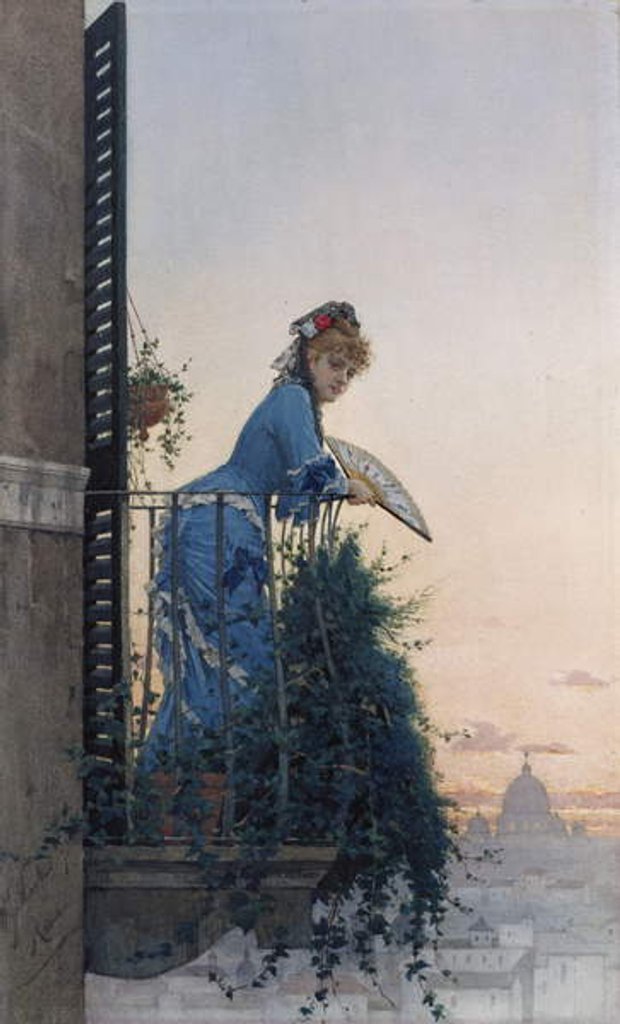 Detail of An Elegant Beauty on a Balcony looking out over Rome, with the Dome of St Peter in the Distance by Willem Johannes Martens