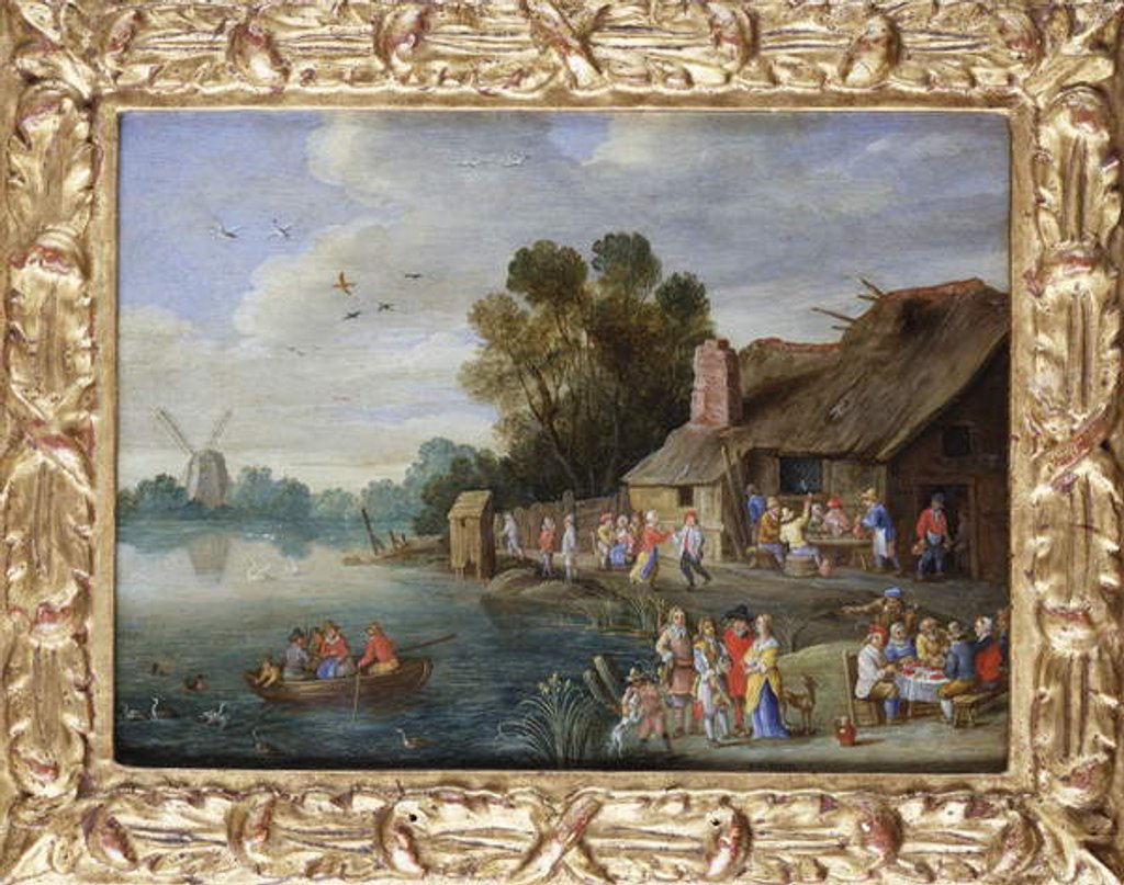 Detail of A River Landscape with Gentry at a Village Inn by Jan van the Elder Kessel