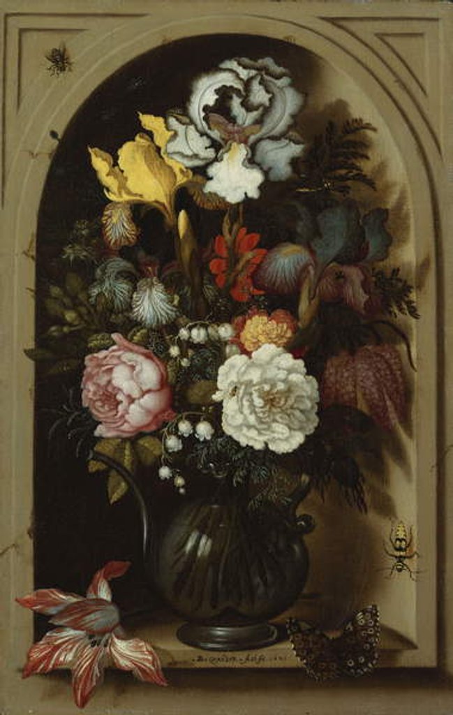 Detail of Irises, Roses, Lily of the Valley and other Flowers in a Glass Vase in a Niche, 1621 by Balthasar van der Ast