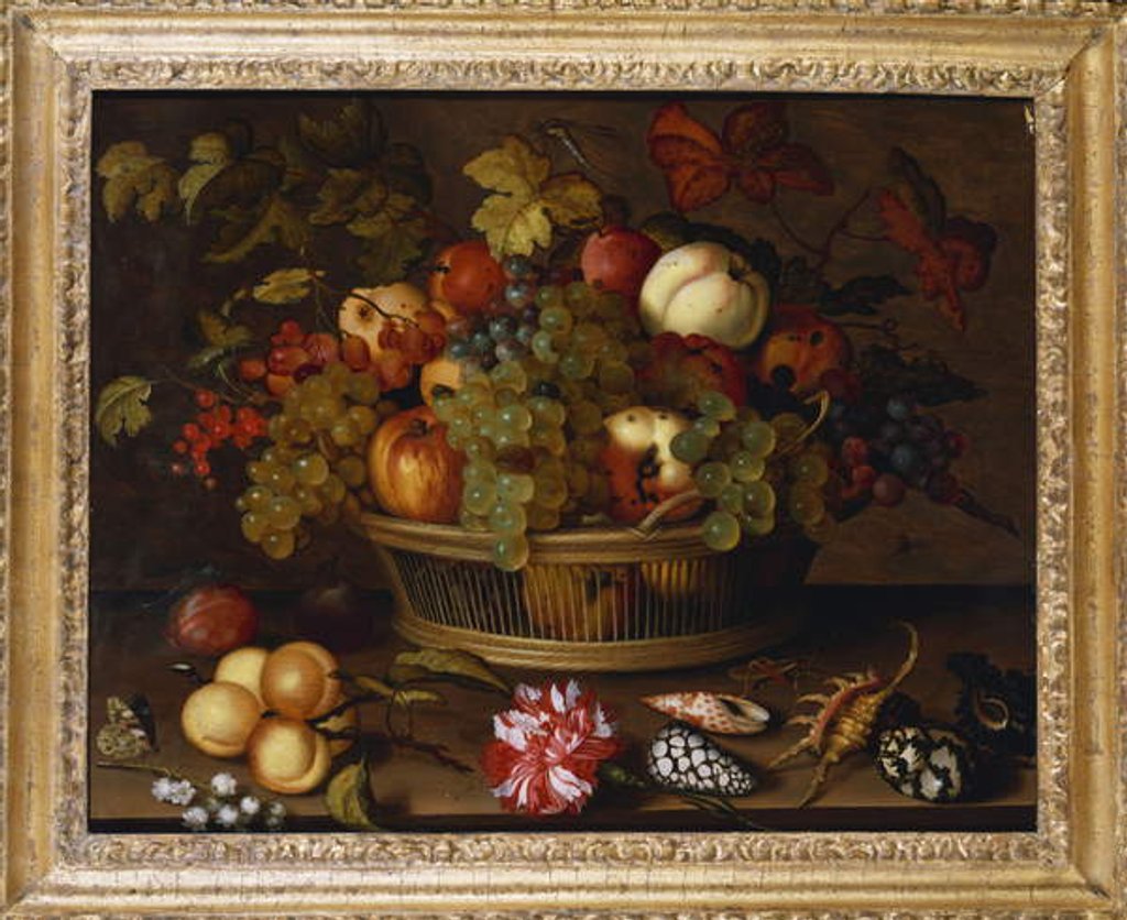 Detail of Grapes, Apples, a Peach and Plums in a Basket with Lily of the Valley by Balthasar van der Ast