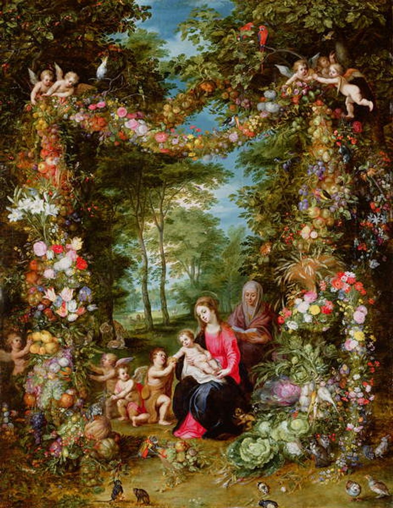 Detail of The Virgin and Child with the infant Saint John the Baptist, Saint Anne and angels, surrounded by a garland of flowers and fruit by Jan & Balen Hendrik van Brueghel