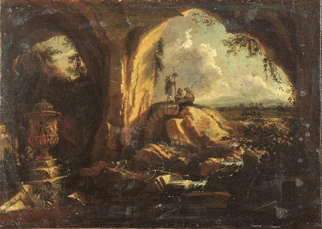Detail of Interior of a grotto with an antique vase and ruins, three pilgrims at the entrance by Matthias Withoos