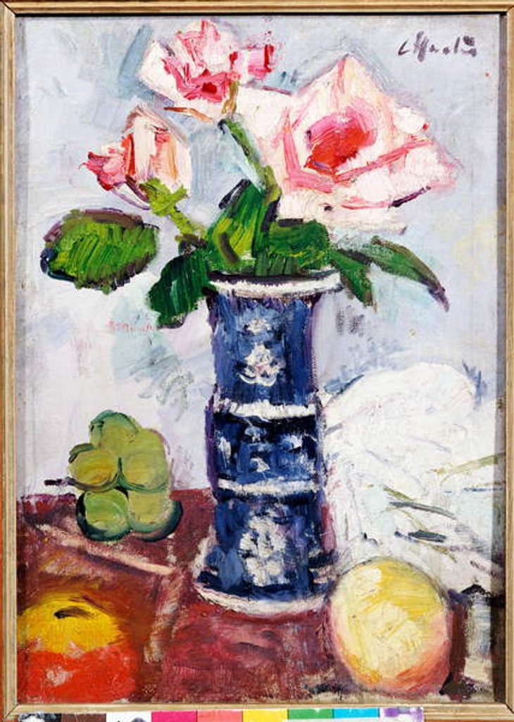 Detail of Pink Roses in a Chinese Blue and White Gu-shaped Vase by George Leslie Hunter