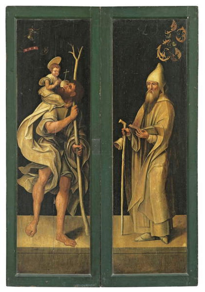Detail of St. Christopher carrying the Christ child and St. Anthony Abbot, outer faces of an altarpiece by Jacob Claesz. von Utrecht