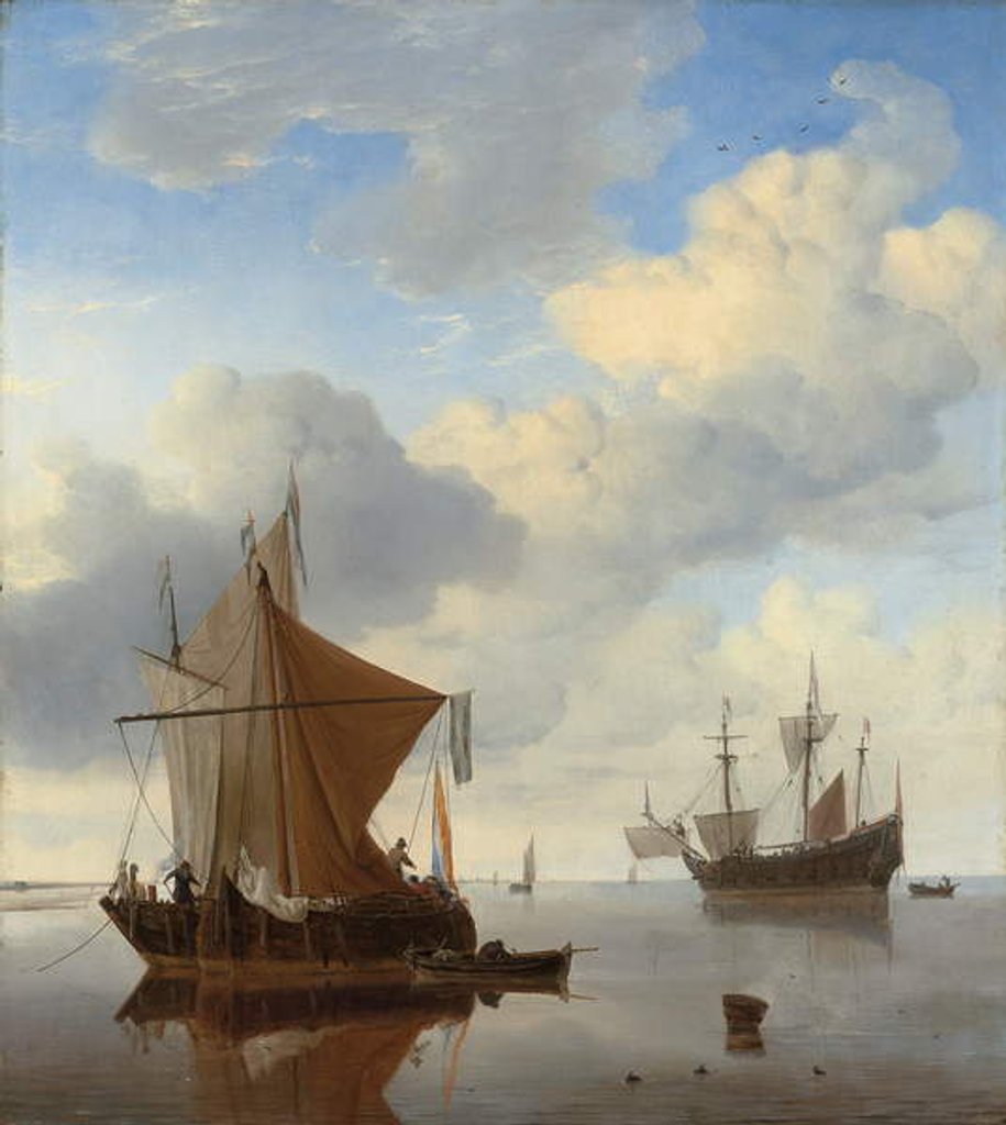 Detail of A calm - a smalschip and a kaag at anchor with an English man-o'-war beyond by Willem van de the Younger Velde
