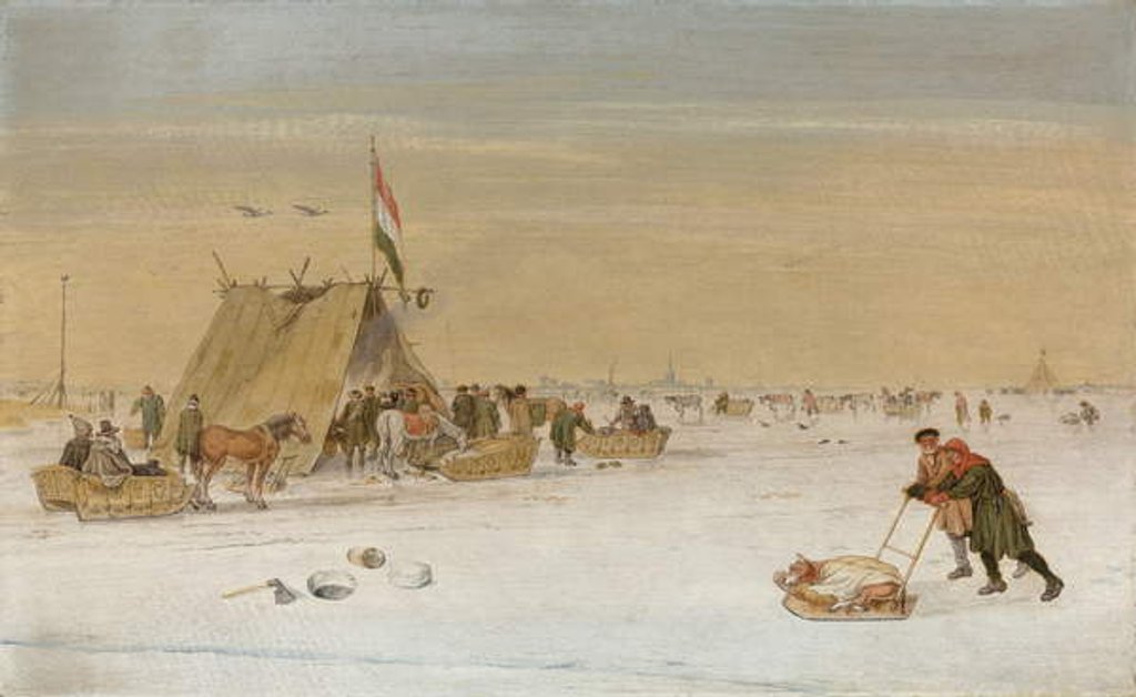 Detail of A winter landscape with figures on the ice by a koek-en-zopie tent by Hendrik Avercamp