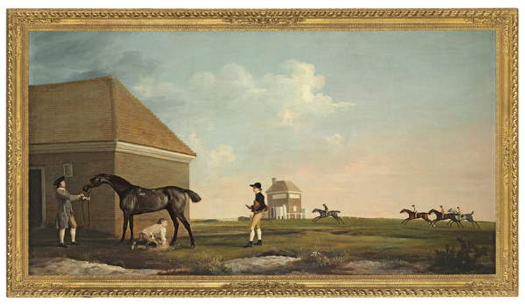 Detail of Gimcrack on Newmarket Heath with a trainer, a jockey and a stable lad by George Stubbs