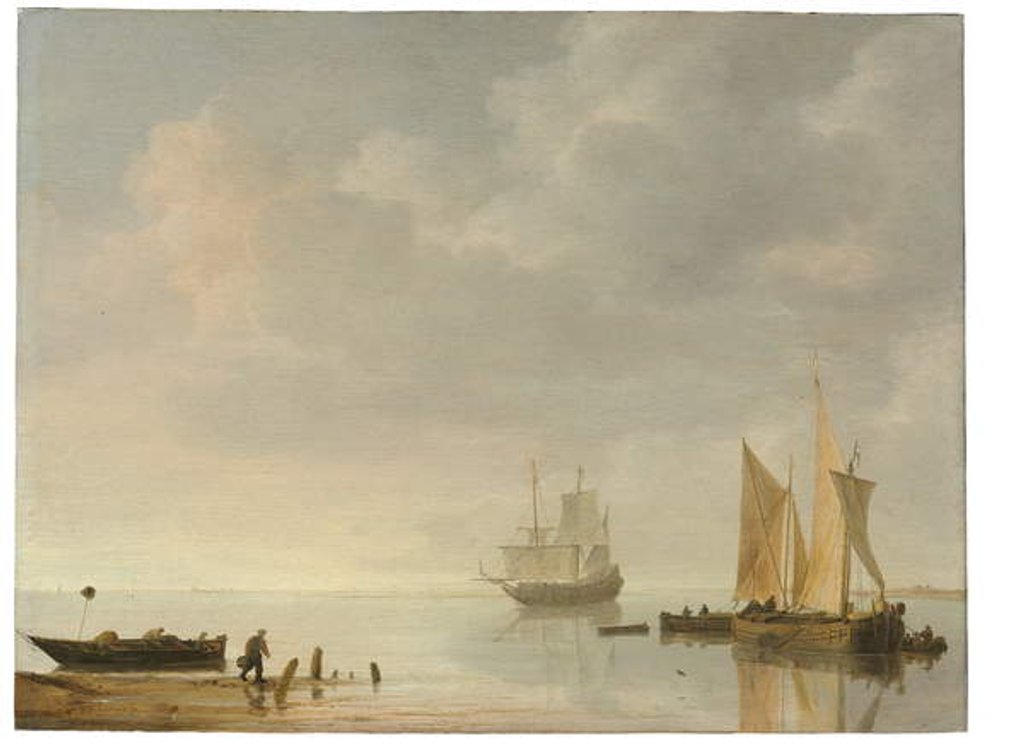 Detail of Coastal scene with ships resting on calm waters by Simon Jacobsz. Vlieger