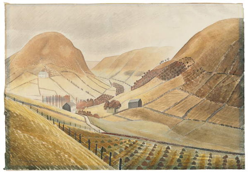 Detail of Corn Stooks and Farmsteads - Hill Farm, Capel-yffin, Wales, 1938 by Eric Ravilious