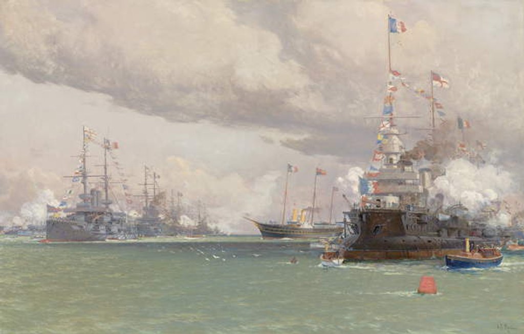 Detail of L'Entente Cordiale: The Royal Yacht Victoria & Albert III reviewing the Anglo-French fleet in Cowes Road, 1905 by Eduardo de Martino