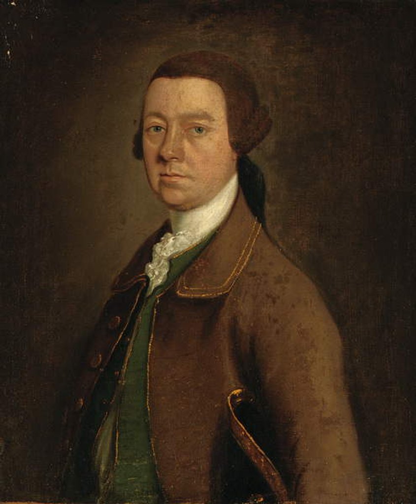 Detail of Portrait of Sir Francis Skipwith, half-length, in a brown coat and green waistcoat with a hat under his left arm by Thomas Gainsborough