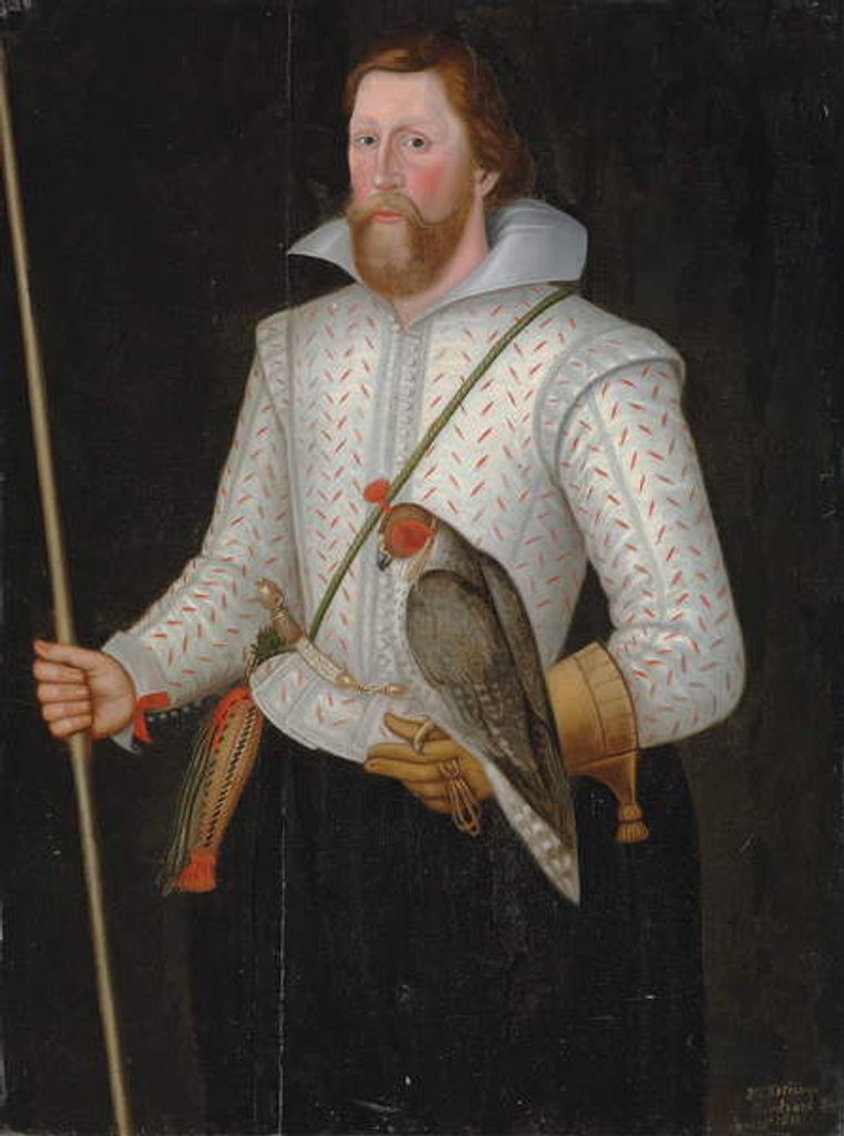 Detail of Portrait of Sir Thomas Monson, half-length, in a slashed white doublet, girdled with a sword, holding a falcon and his wand of office by English School