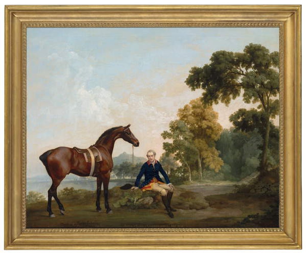 Detail of James Hamilton, 2nd Earl of Clanbrassil, with his bay hunter Mowbray, resting on a wooded path by a lake, 1765 by George Stubbs