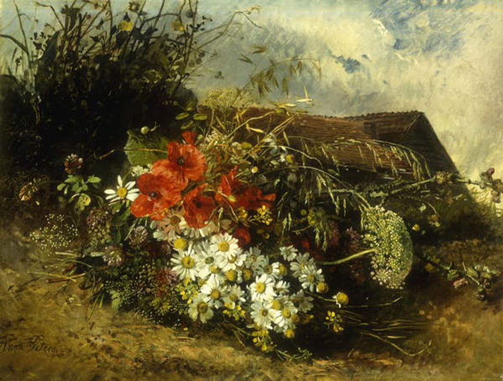 Detail of Wild flowers on a bank, with a cottage beyond by Anna Peters
