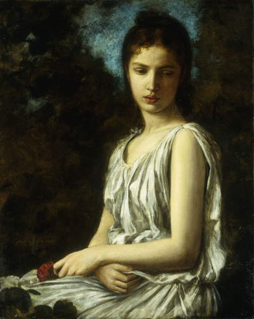 Detail of A young woman in classical dress, holding a red rose by Georges Bellanger