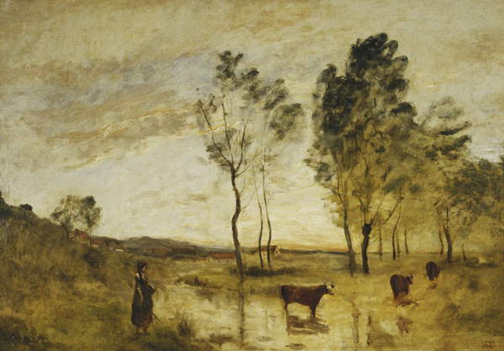 Detail of The Ford; Cows on the Edge of a Ford; Le Gue; Vaches au Bord du Gue, c.1870-1873 by Jean Baptiste Camille Corot