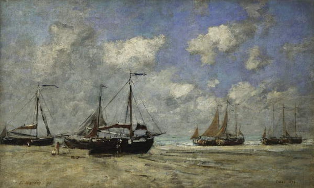 Detail of Scheveningen, Boats Run Aground on the Shore; Scheveningen, Bateaux Echoues sur la Greve, 1875 by Eugene Louis Boudin