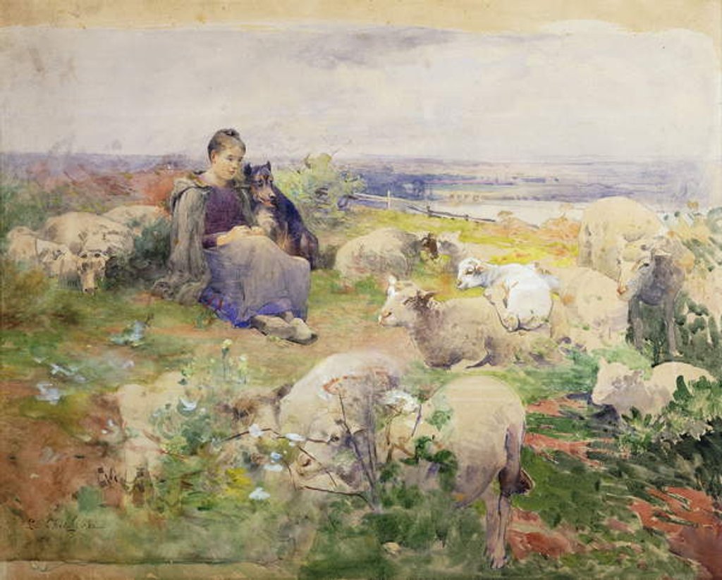 Detail of A Shepherdess with her Flock by Luigi Chialiva