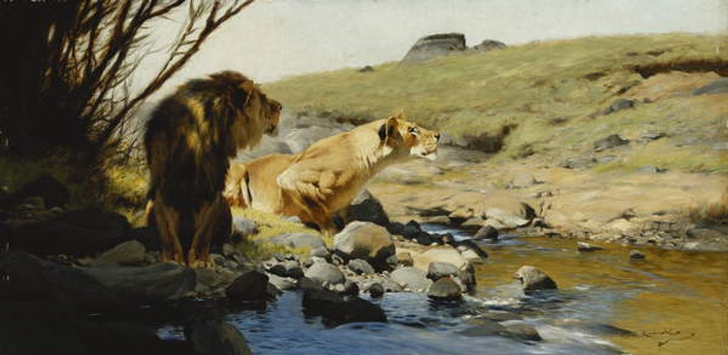 Detail of A Lion and Lioness at a Stream by Wilhelm Kuhnert