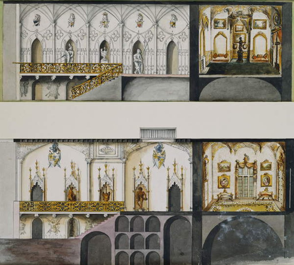 Detail of Alternative Projects for the Hall, Gallery and Drawing - Room at Charleville Castle: Sections by Charles William Bury